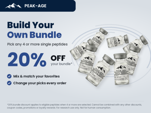 Build Your Own Bundle: pick any 4 or more single Peak Age peptides and get 20% off. Change your picks every order.